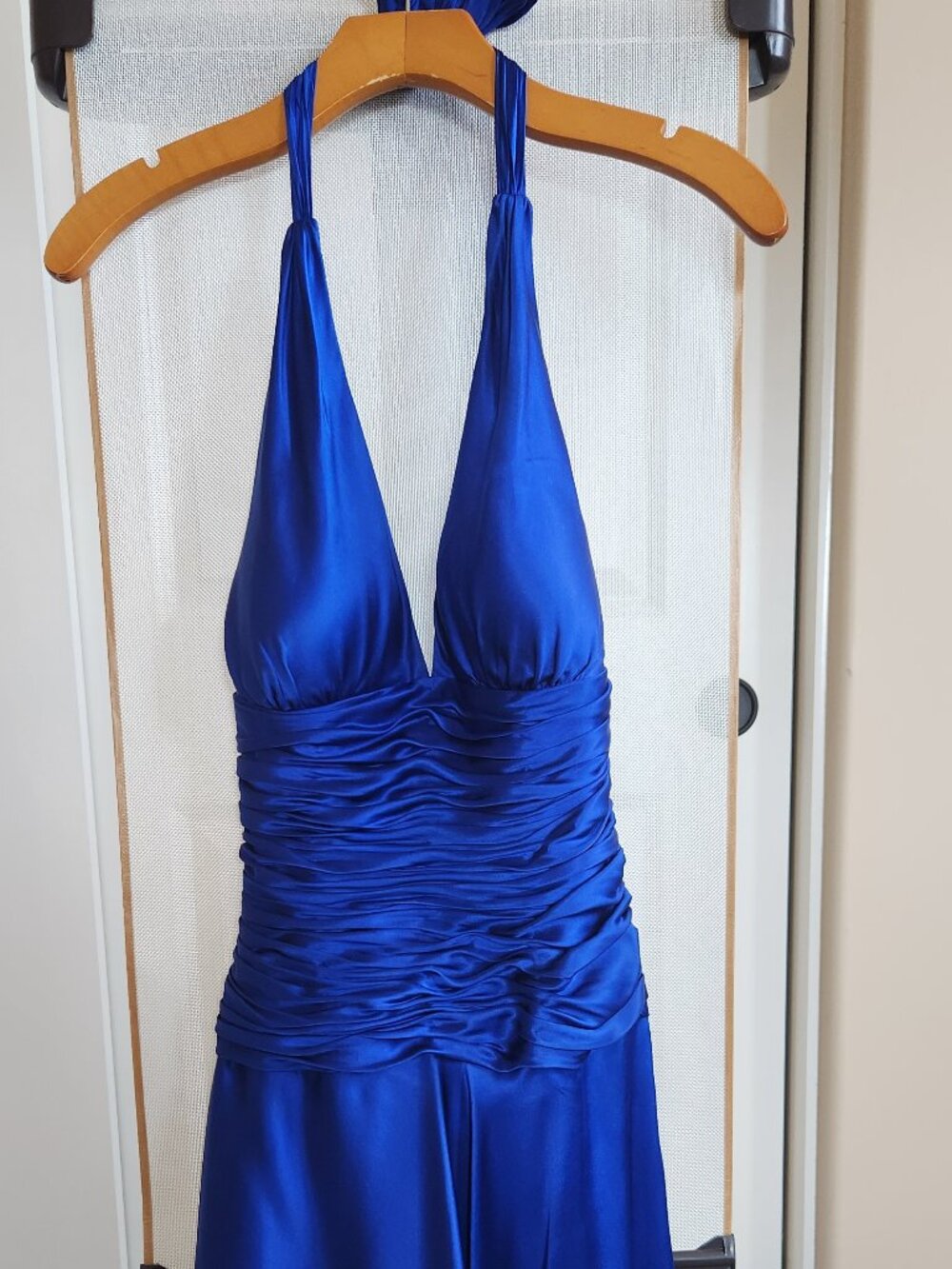 Cache Vintage Y2K 100% Silk Ruched Halter Asymmetrical Hem Dress Blue Gown 2
